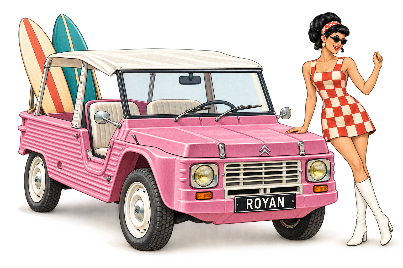 Femme en robe vintage à carreaux et bottes blanches, près d’une Méhari rose avec deux planches de surf et plaque Royan
