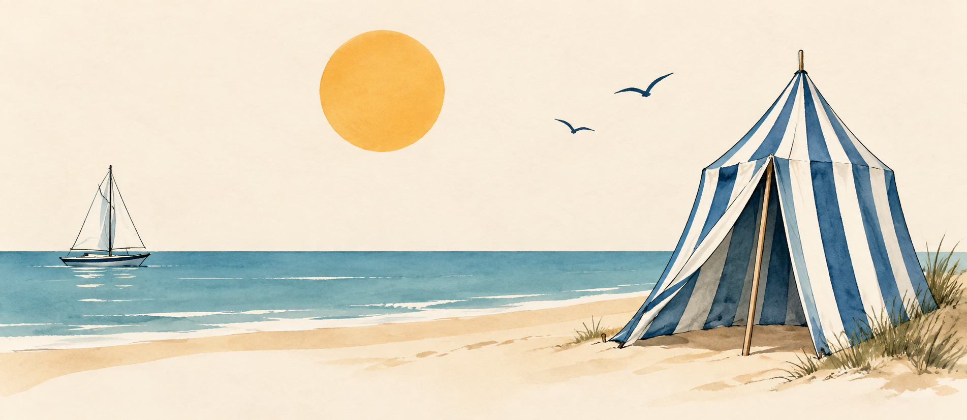 Tente de plage bleue et blanche, voilier et soleil, dans une illustration aquarelle du bord de mer